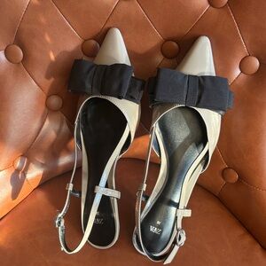 Zara Taupe Pointed Slingback Pumps with Black Bow